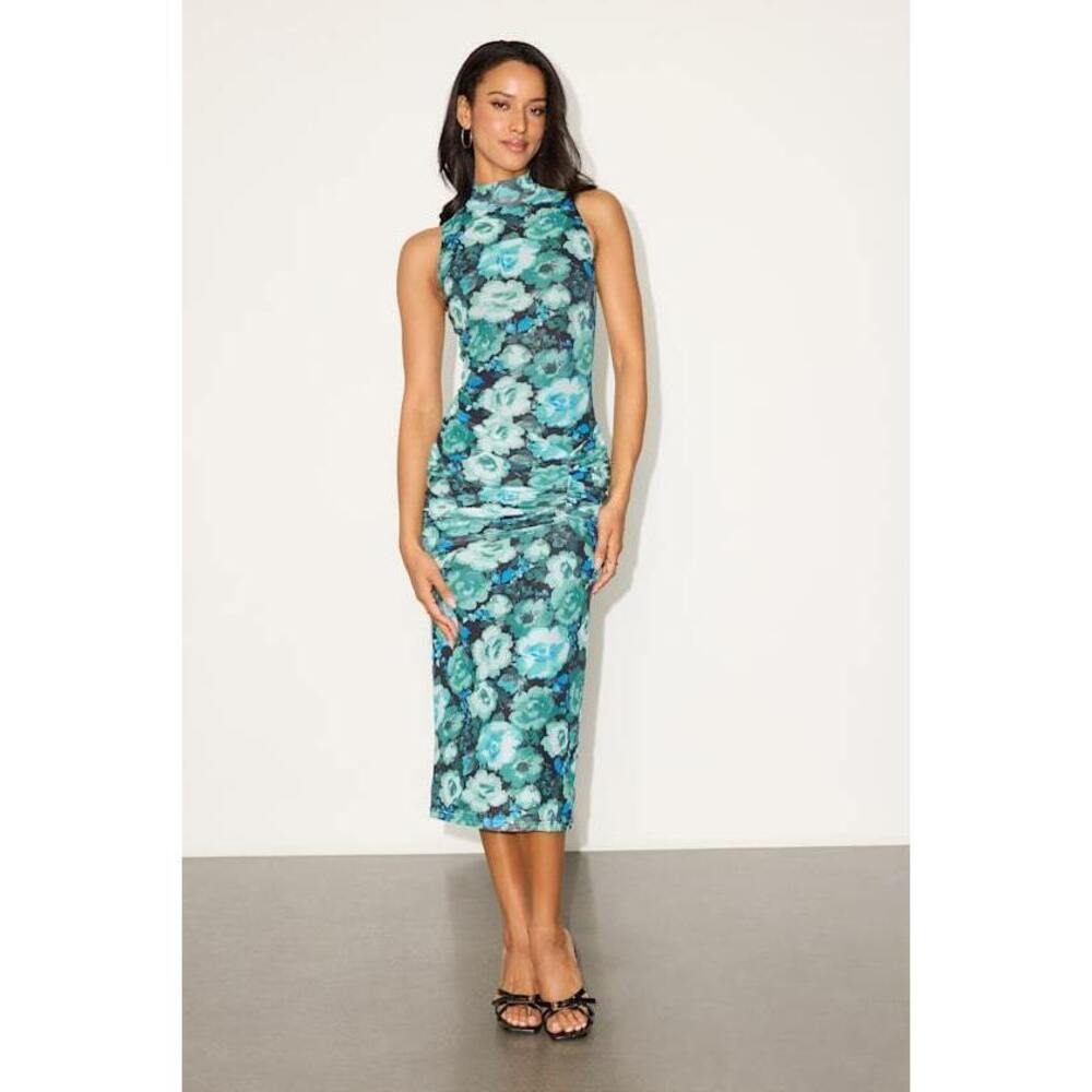 Lulus Prettiest Energy Black And Teal Floral Mesh Midi Dress - Size S
